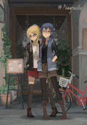 Rule 34 | 10s, 2girls, ayase eli, bad id, bad pixiv id, bicycle, black legwear, black shirt, blonde hair, blouse, blue eyes, blue hair, boots, buttons, chair, cross-laced footwear, easel, flower, glasses, hand in pocket, highres, huanxiang heitu, jacket, jewelry, long sleeves, love live!, love live! school idol project, multiple girls, necklace, open clothes, open jacket, open vest, outdoors, pantyhose, pantyhose under shorts, pendant, plant, pleated skirt, popped collar, potted plant, red-framed eyewear, red skirt, scrunchie, shirt, shorts, sidelocks, skirt, sonoda umi, standing, storefront, sunglasses, swept bangs, table, thighhighs, vase, vest, white shirt, yellow eyes, zettai ryouiki