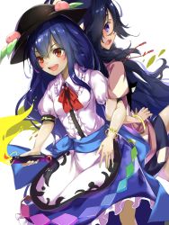 Rule 34 | 2girls, :d, back-to-back, bangle, blue eyes, blue hair, blue skirt, bracelet, breasts, commentary request, cowboy shot, drawstring, dress, food, frilled shirt collar, frills, fruit, hair between eyes, hat, highres, hinanawi tenshi, hood, hoodie, jewelry, layered dress, leaf, lifting person, locked arms, long hair, looking back, looking to the side, multiple girls, open mouth, peach, petticoat, pink hoodie, piyodesu, puffy short sleeves, puffy sleeves, red eyes, red neckwear, red ribbon, ribbon, short sleeves, sideways mouth, simple background, skirt, small breasts, smile, stuffed animal, stuffed cat, stuffed toy, sword of hisou, touhou, very long hair, white background, yorigami shion