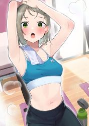 Rule 34 | 1girl, :o, armpits, arms up, black legwear, blue sports bra, blush, bottle, breasts, green eyes, green hair, grey hair, hand in own hair, highres, indoors, looking at viewer, midriff, mole, mole on armpit, mole on stomach, mole under eye, motto notto, navel, open mouth, original, pants, short hair, small breasts, sports bra, sportswear, steaming body, sweat, water bottle, yoga pants