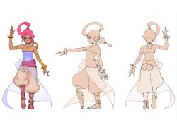 Rule 34 | 1girl, antenna hair, arabian clothes, bare shoulders, bracelet, breasts, character sheet, concept art, earrings, full body, genie, jewelry, lips, long hair, looking at viewer, multiple views, official art, pants, pink hair, pointy ears, ring, sega, shahra, small breasts, smile, sonic (series), sonic and the secret rings, tattoo, white background