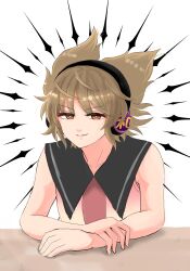 Rule 34 | 1girl, absurdres, bare arms, bare shoulders, brown eyes, brown hair, closed mouth, commentary request, earmuffs, half-closed eyes, highres, light smile, looking at viewer, no bracelet, nostrils, pointy hair, simple background, sly, soeo (nuru sawa), solo, touhou, toyosatomimi no miko, upper body, white background