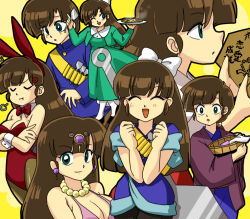 Rule 34 | 1girl, animal ears, blush, bow, breasts, brown hair, closed eyes, dress, earrings, food, fuurinkan high school uniform, green eyes, hair bow, holding, holding spatula, jewelry, kuonji ukyou, leotard, looking at viewer, medium breasts, official alternate costume, one eye closed, open mouth, playboy bunny, rabbit ears, ranma 1/2, red bow, school uniform, smile, socks, spatula, variations, wanta (futoshi), white bow, white socks, yellow background