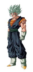 Rule 34 | 1boy, artist request, blue eyes, blue hair, boots, clenched hands, dougi, dragon ball, dragon ball super, earrings, fusion, gloves, highres, jewelry, looking at viewer, muscular, potara earrings, solo, spiked hair, standing, super saiyan, super saiyan blue, vegetto, white footwear