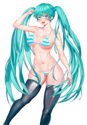 Rule 34 | 1girl, absurdres, aqua bra, aqua eyes, aqua hair, aqua panties, armpits, backlighting, bare arms, bare shoulders, black thighhighs, blue bow, blush, bow, bow bra, bow panties, bra, breasts, cleavage, collarbone, cowboy shot, dayby, eyebrows, hair between eyes, hatsune miku, highres, long hair, looking at viewer, narrow waist, navel, panties, solo, standing, stomach, thighhighs, twintails, underwear, underwear only, very long hair, vocaloid, white bra, white panties