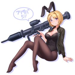 Rule 34 | 1girl, black corset, blonde hair, blue eyes, bomber jacket, corset, ellen aice, green jacket, highres, holding rocket launcher, holding weapon, jacket, kzm (sub-moa works), leotard, muv-luv, pantyhose, panzerfaust 3, playboy bunny, rocket launcher, shadow, short hair, smile, solo, speech bubble, weapon, white background