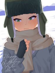 Rule 34 | 1boy, amburrge, blush, commentary, dated, english commentary, fingerless gloves, freckles, frown, fur hat, gloves, green eyes, happy birthday, hat, highres, kyle broflovski, long sleeves, looking to the side, male focus, scarf, solo, south park, sweater, ushanka