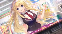 Rule 34 | 1girl, blonde hair, blush, boku no mirai wa koi to kakin to, breasts, convenience store, dutch angle, female focus, floating hair, game cg, hand up, happy, highres, indoors, large breasts, long hair, looking at viewer, necktie, nironiro, open mouth, original, purple eyes, saionji nana, school uniform, shop, skirt, smile, solo, standing, upper body