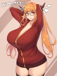 Rule 34 | 1girl, absurdres, arms behind head, arms up, breasts, curvy, english text, glasses, heart, highres, hololive, horns, huge breasts, impossible clothes, impossible shirt, jacket, kiryu coco, looking at viewer, metal owl (aden12), orange hair, panties, red eyes, shirt, smile, solo, thick thighs, thighs, track jacket, underwear, virtual youtuber, wide hips