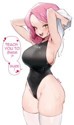 Rule 34 | 1girl, :d, armpits, arms behind head, black one-piece swimsuit, blush, breasts, commentary, curly hair, eden (shiroki yuutsu), english commentary, english text, highleg, highleg swimsuit, holding, holding towel, large breasts, looking at viewer, one-piece swimsuit, open mouth, original, pink hair, short hair, simple background, smile, solo, speech bubble, standing, swimsuit, teeth, thighhighs, thighs, towel, upper teeth only, vanilla (eden (shiroki yuutsu)), wet, wet clothes, wet swimsuit, white background, white thighhighs, yellow eyes