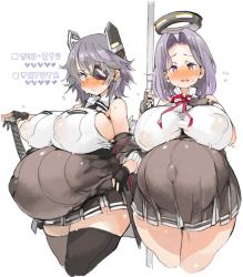 Rule 34 | 2girls, blush, breasts, closed mouth, collared shirt, covered erect nipples, cowboy shot, curvy, embarrassed, eyepatch, huge areolae, huge breasts, huge nipples, kantai collection, looking at viewer, medium hair, multiple girls, neck ribbon, open mouth, outie navel, pregnant, puffy areolae, puffy nipples, purple eyes, purple hair, ribbon, sachito, shirt, sideboob, skirt, sleeveless, sleeveless shirt, sweat, sword, tatsuta (kancolle), tenryuu (kancolle), thick thighs, thighhighs, thighs, weapon, wide hips, yellow eyes