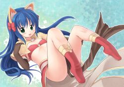 Rule 34 | 1girl, animal ear fluff, animal ears, bikini, bikini top only, blue background, blue hair, blush, boots, bow, brown capelet, brown gloves, capelet, cat brooch, cat ears, closed mouth, commentary request, elbow gloves, emurin, flat chest, full body, gloves, gold trim, green eyes, grey skirt, hair bow, long hair, looking at viewer, mage (ragnarok online), majiko (emurin), no panties, outline, pelvic curtain, pointy ears, ragnarok online, red bikini, red bow, red footwear, red skirt, showgirl skirt, skirt, smile, solo, sparkle, star-shaped pupils, star (symbol), strapless, strapless bikini, swimsuit, symbol-shaped pupils, tongue, tongue out, two-sided fabric, two-sided skirt, white outline
