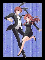 Rule 34 | 1boy, 1girl, animal ears, blush, boots, brown hair, rabbit ears, business suit, dual persona, formal, glasses, high heels, jacket, long hair, milcho, nail polish, open mouth, original, parted lips, pink eyes, shoes, short hair, skirt, smile, suit
