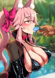Rule 34 | 1girl, animal collar, animal ears, bikini, black bikini, black bodysuit, blush, bodysuit, bow, breasts, cleavage, collar, collarbone, covered erect nipples, fangs, fate/grand order, fate (series), food, fox ears, fox girl, foxyreine, hair bow, heart, heart-shaped pupils, ice cream, koyanskaya (assassin) (first ascension) (fate), koyanskaya (fate), large breasts, leash, long hair, melting, open bodysuit, open clothes, open mouth, outdoors, pink bow, pink hair, ponytail, pool, popsicle, popsicle stick, sexually suggestive, shiny skin, sidelocks, solo focus, swimsuit, symbol-shaped pupils, tamamo (fate), tongue, tongue out, yellow eyes