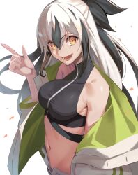 Rule 34 | 1girl, :d, bare shoulders, black hair, breasts, coat, crop top, cropped shirt, fate/grand order, fate (series), genshu doki, green coat, green eyes, hair between eyes, highres, jacket, long hair, long sleeves, looking at viewer, midriff, multicolored clothes, multicolored coat, multicolored hair, multicolored jacket, nagao kagetora (fate), navel, off-shoulder jacket, off shoulder, open clothes, open mouth, shirt, shorts, sleeveless, smile, solo, striped clothes, striped jacket, two-tone coat, two-tone hair, two-tone jacket, uesugi kenshin (fate), uesugi kenshin (second ascension) (fate), v, white hair, white jacket, white shorts