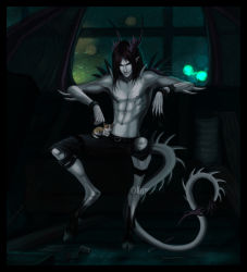 Rule 34 | 1boy, abs, cat, claws, demon, full body, highres, horns, indoors, male focus, monster, muscular, pectorals, pectorals, topless male, solo, tagme, tail