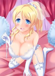 Rule 34 | 10s, 1girl, ayase eli, bed, blonde hair, blue eyes, bra, breasts, collarbone, elbow gloves, female focus, garter straps, gloves, kneeling, large breasts, lingerie, long hair, love live!, love live! school idol project, open mouth, panties, ponytail, solo, thighhighs, underwear, white bra, white gloves, white panties, white thighhighs, yuguran (specs)