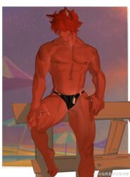 Rule 34 | 1boy, abs, alternate costume, animal ears, bara, black male swimwear, bulge, dark-skinned male, dark skin, foot out of frame, hair over one eye, highres, large pectorals, league of legends, looking at viewer, male focus, male swimwear, muscular, muscular male, navel, nipples, pectorals, red hair, scar, scar on face, scar on nose, sett (league of legends), short hair, sitting, solo, stomach, swim briefs, thick thighs, thighs, topless male, yodenn 4