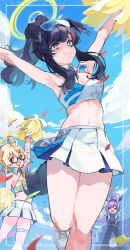 Rule 34 | 3girls, ahoge, animal ears, armpits, bare shoulders, black hair, blonde hair, blue archive, blue sky, blush, breasts, cheering, cheerleader, cloud, confetti, day, dog ears, dog girl, dog tail, glasses, halo, hibiki (blue archive), hibiki (cheer squad) (blue archive), highres, holding, holding pom poms, holding wrench, jacket, kotama (blue archive), kotori (blue archive), kotori (cheer squad) (blue archive), kuronuma s, long hair, long sleeves, looking at viewer, medium breasts, midriff, millennium cheerleader outfit (blue archive), multiple girls, navel, official alternate costume, open mouth, outdoors, pleated skirt, pom pom (cheerleading), pom poms, ponytail, purple hair, red eyes, shoes, skirt, sky, sneakers, standing, standing on one leg, star sticker, tail, tearing up, tears, thigh strap, utaha (blue archive), utaha (cheer squad) (blue archive), white skirt, wrench, yellow halo