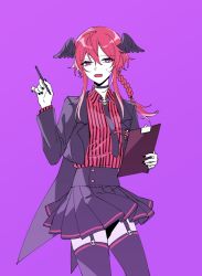 Rule 34 | 1girl, 3di project, black nails, braid, choker, coat, collared shirt, feathered wings, fingernails, highres, miniskirt, nail polish, necktie, open mouth, purple eyes, red hair, rigu (3di), rigu (3di) (character), shirt, sidelocks, skirt, skull, solo, upper body, virtual youtuber, wings