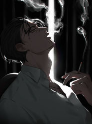 Rule 34 | 1boy, akai shuuichi, between fingers, black hair, cigarette, collarbone, collared shirt, commentary request, from side, green eyes, hand up, head back, holding, holding cigarette, kanamura ren, looking up, male focus, meitantei conan, open mouth, profile, shirt, short hair, smoke, smoking, solo, upper body, white shirt