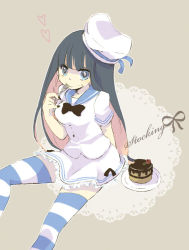Rule 34 | 10s, 1girl, :&gt;, beret, cake, colored inner hair, doily, dress, eating, female focus, food, fork, hat, heart, kmgkmgk, long hair, multicolored hair, panty &amp; stocking with garterbelt, plate, short sleeves, simple background, sitting, skirt, solo, stocking (psg), striped clothes, striped thighhighs, thighhighs, zettai ryouiki
