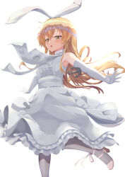 Rule 34 | 1girl, blonde hair, blush, dress, elbow gloves, foot out of frame, gloves, grey footwear, grey pantyhose, hair between eyes, high heels, highres, kantai collection, long hair, ochikata kage, official alternate costume, open mouth, pantyhose, shimakaze (kancolle), simple background, sleeveless, sleeveless dress, solo, white background, white dress, yellow eyes