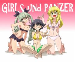 Rule 34 | 10s, 3girls, anchovy (girls und panzer), aono3, arm behind back, arm up, barefoot, bikini, bikini shorts, bikini skirt, black bikini, black hair, black ribbon, blonde hair, braid, breasts, brown eyes, carpaccio (girls und panzer), cleavage, closed mouth, collarbone, commentary request, copyright name, drill hair, front-tie bikini top, front-tie top, frown, gesture, girls und panzer, gradient background, green bikini, green eyes, green hair, grin, hair ribbon, hand on own hip, head tilt, kneeling, leaning to the side, long hair, looking at viewer, looking away, medium breasts, mismatched bikini, multiple girls, navel, one eye closed, open mouth, pepperoni (girls und panzer), purple background, red eyes, ribbon, short hair, shorts, side-tie bikini bottom, side braid, sitting, smile, strapless, strapless bikini, swimsuit, twin drills, twintails, v, v-shaped eyebrows, white bikini, yellow bikini