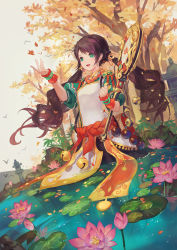 Rule 34 | 1girl, :d, arm warmers, autumn leaves, bead necklace, beads, bell, black hair, chinese clothes, criin (659503), day, dress, floating hair, flower, green eyes, hair ornament, highres, holding, holding weapon, jewelry, jingle bell, lily pad, looking at viewer, lotus, low twintails, necklace, open mouth, original, outdoors, partially submerged, petals, prayer beads, puffy short sleeves, puffy sleeves, river, sash, short sleeves, smile, solo, standing, twintails, wading, weapon