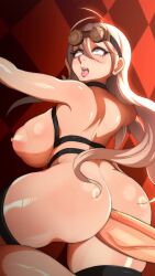 Rule 34 | 1girl, 1other, :o, blonde hair, blue eyes, blush, breasts, clothed sex, clothes, danganronpa (series), danganronpa v3: killing harmony, goggles, goggles on head, highres, huge breasts, huge penis, iruma miu, long hair, looking up, nipples, okaimikey, open mouth, penis, sex, sex from behind, speech bubble