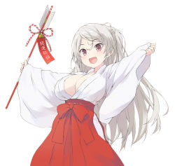 Rule 34 | 1girl, arrow (projectile), breasts, brown eyes, cleavage, conte di cavour (kancolle), cowboy shot, hakama, hamaya, highres, japanese clothes, kantai collection, large breasts, long hair, miko, official alternate costume, oppai loli, outstretched arms, red hakama, sakana (flame sakana), silver hair, simple background, sleeves past wrists, solo, two side up, white background