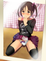 Rule 34 | 1boy, bad id, bad pixiv id, bare shoulders, black thighhighs, blush, brown eyes, brown hair, bulge, can&#039;t show this (meme), censored, clothes lift, clothes writing, crossdressing, gossa-tei, kneeling, male focus, mirror, novelty censor, off shoulder, original, panties, reflection, skirt, skirt lift, solo, thighhighs, translated, trap, twintails, underwear, white panties