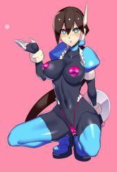 Rule 34 | 1girl, aile (mega man zx), bodystocking, bodysuit, breasts, brown hair, drooling, green eyes, heart, heart-shaped pupils, large breasts, layered sleeves, long sleeves, mega man (series), mega man zx, mega man zx advent, narrow waist, pasties, ponytail, saliva, short over long sleeves, short sleeves, simple background, skin tight, solo, squatting, symbol-shaped pupils, tagme, thighhighs, tray, ukimukai