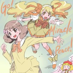 Rule 34 | 10s, 2girls, beret, blonde hair, bow, brown eyes, brown hair, dress, hair bow, hat, isedaichi ken, kisaragi yumi, kise yayoi, long hair, looking at viewer, miracle peace, multiple girls, open mouth, precure, short hair, smile, smile precure!, thought bubble, twintails, very long hair, wrist cuffs