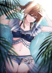 Rule 34 | 1girl, absurdres, aketa mikoto, bikini, blue bikini, blurry, blurry foreground, braid, breasts, brown hair, collarbone, depth of field, earrings, fingernails, highres, idolmaster, idolmaster shiny colors, jewelry, light brown hair, light rays, looking at viewer, lying, lying on water, medium breasts, nail polish, navel, on back, palm leaf, ring, sarong, see-through, see-through sarong, shallow water, solo, stomach, swimsuit, t.r, water