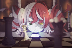Rule 34 | absurdres, black bow, black nails, board game, bow, chess, chess piece, closed mouth, double bun, frown, green eyes, hair bow, hair bun, haru (watari0131), heterochromia, highres, hololive, hololive indonesia, king (chess), kureiji ollie, multicolored hair, queen (chess), red hair, rook (chess), stitched face, stitches, sweatdrop, virtual youtuber, white hair, yellow eyes, zombie