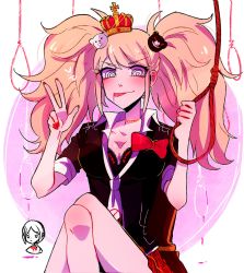 Rule 34 | &gt;:p, 1girl, :p, black shirt, blood, bow, breasts, choker, collar, collarbone, crossed legs, crown, danganronpa (series), despair, enoshima junko, eyelashes, hair ornament, highres, huyandere, ikusaba mukuro, long hair, nail polish, necktie, pink blood, pink hair, red bow, red nails, shirt, skirt, smile, solo, suicide, tongue, tongue out, twintails, v, v-shaped eyebrows, white collar, white necktie