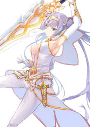 Rule 34 | 1girl, arm guards, arm up, armpits, bare shoulders, belt, blue eyes, blush, breasts, britomart (fate), britomart (second ascension) (fate), capelet, center opening, cleavage, coffeekite, dagger, double bun, dress, elbow gloves, fate/grand order, fate (series), gloves, gold trim, greatsword, grey hair, hair bun, hairband, highres, knife, large breasts, long hair, looking at viewer, navel, pants, pointy ears, solo, sword, taut clothes, taut dress, thighs, tight clothes, tight pants, twintails, very long hair, weapon, white capelet, white dress, white gloves, white pants