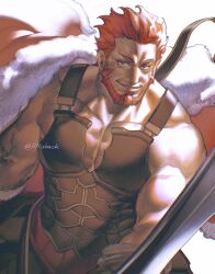 Rule 34 | 1boy, armor, bara, beard, cape, facial hair, fate/zero, fate (series), fur-trimmed cape, fur trim, highres, holding, holding sword, holding weapon, iskandar (fate), large pectorals, long sideburns, looking at viewer, male focus, mature male, muscular, muscular male, pectoral cleavage, pectorals, red cape, red eyes, red hair, short hair, sideburns, sidepec, smile, solo, sword, twitter username, weapon