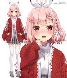 Rule 34 | 1girl, artist name, atelier live, blush, bow, braid, closed mouth, commentary, english commentary, grey footwear, grey skirt, hair bow, hair ornament, hair ribbon, hairclip, high-waist skirt, highres, jacket, long sleeves, multiple views, open clothes, open jacket, open mouth, pink hair, pinku (vtuber), pleated skirt, puffy long sleeves, puffy sleeves, red eyes, red jacket, ribbon, rosuuri, shirt, shoes, simple background, skirt, sleeves past wrists, thighhighs, virtual youtuber, white background, white bow, white ribbon, white shirt, white thighhighs