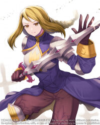 Rule 34 | 1girl, agrias oaks, armor, artist name, blonde hair, braid, breastplate, brown gloves, brown pants, elbow pads, final fantasy, final fantasy tactics, gloves, holding, holding sword, holding weapon, knee pads, pants, reflection, shimako (smk023), shoulder armor, simple background, single braid, solo, sword, twitter username, upper body, weapon, yellow eyes