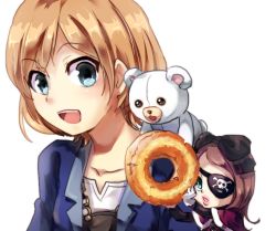 Rule 34 | 10s, 1girl, doughnut, eyepatch, food, kinako shouyu, miyamori aoi, old-fashioned doughnut, shirobako, simple background, stuffed animal, stuffed toy, teddy bear, white background