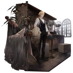 Rule 34 | 1boy, android, bar (place), bar stool, black pants, black vest, blonde hair, blue eyes, boarded windows, bottle, box, broken window, cardboard box, coat, cocktail shaker, collared shirt, damaged, dress shirt, earrings, full body, game cg, gin (neural cloud), girls&#039; frontline, girls&#039; frontline neural cloud, hair between eyes, hair over shoulder, hanging light, highres, holding, holding clothes, holding coat, indoors, jewelry, long hair, male focus, official art, pants, plant, ponytail, shirt, solo, stool, suitcase, table, transparent background, vest, white shirt, window