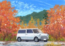 Rule 34 | absurdres, autumn leaves, blue sky, car, cloud, cloudy sky, day, grass, highres, hirota (masasiv3), mini cooper, motor vehicle, mountain, no humans, outdoors, road, scenery, sky, tree, vehicle focus