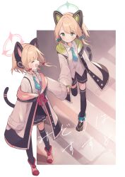 Rule 34 | 2girls, animal ear headphones, animal ears, black skirt, black thighhighs, blonde hair, blue archive, blue necktie, boots, cat tail, closed eyes, closed mouth, collared shirt, fake animal ears, ganmodoki (kizm), green eyes, green halo, halo, headphones, jacket, kanohara (63xmrr), long sleeves, midori (blue archive), momoi (blue archive), multiple girls, necktie, open mouth, pink halo, pleated skirt, shirt, short hair, siblings, sisters, skirt, smile, tail, thighhighs, two-sided fabric, two-sided jacket, white jacket, white shirt