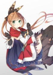 Rule 34 | 10s, 1girl, aqua eyes, black gloves, black thighhighs, boots, bow, brown hair, cape, clarisse (granblue fantasy), gloves, granblue fantasy, green eyes, hair bow, high heel boots, high heels, highres, long hair, looking at viewer, open mouth, ponytail, potion, ribbed sweater, skirt, solo, sweater, taiyaki (astre), thighhighs