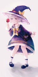 Rule 34 | 1girl, absurdres, apple, bag, black footwear, blue eyes, bow, dress, food, fruit, full body, handbag, hat, hat bow, heixie, highres, holding, holding food, holding fruit, leaning forward, looking at viewer, original, pantyhose, shoes, short hair, simple background, smile, solo, standing, white hair, white pantyhose, witch, witch hat, yellow bow