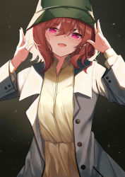 Rule 34 | 1girl, absurdres, blush, brown hair, bucket hat, coat, dark background, grey coat, hands up, hat, highres, higuchi madoka, idolmaster, idolmaster shiny colors, kebohan, looking at viewer, mole, mole under eye, open collar, red eyes, simple background, smile, solo