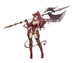 Rule 34 | 1girl, armor, axe, breasts, cleavage, collarbone, demon girl, greaves, horns, huge weapon, long hair, original, over shoulder, pauldrons, ponytail, red eyes, red hair, shoulder armor, simple background, smile, solo, standing, sunligh mao, tail, teeth, vambraces, w, weapon, weapon over shoulder, white background