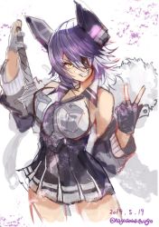 Rule 34 | 1girl, black gloves, black necktie, blouse, breast pocket, breasts, cowboy shot, dated, eyepatch, gloves, grin, headgear, highres, holding, holding sword, holding weapon, kantai collection, large breasts, looking at viewer, nagasawa tougo, necktie, partially fingerless gloves, pocket, purple hair, shirt, short hair, sleeveless, sleeveless shirt, smile, solo, sword, tenryuu (kancolle), tenryuu kai ni (kancolle), twitter username, v, weapon, yellow eyes