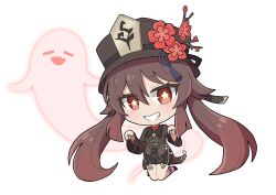 Rule 34 | 1girl, 1other, :d, black shorts, boo tao (genshin impact), brown hair, chibi, chinese clothes, commentary request, flower-shaped pupils, full body, genshin impact, ghost, ghost pose, grin, hair between eyes, hat, highres, hu tao (genshin impact), jewelry, kneehighs, kneeling, long hair, long sleeves, looking at viewer, open mouth, porkpie hat, red eyes, ring, short shorts, shorts, sidelocks, simple background, smile, socks, symbol-shaped pupils, twintails, washin, white background, white socks, wide sleeves